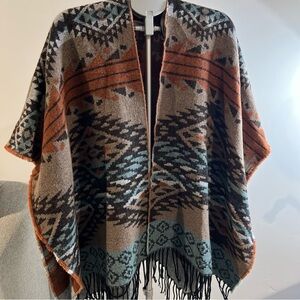 Quagga Brown and Orange Poncho with Fringe